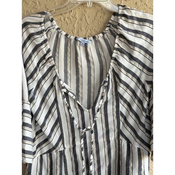 Blue Island Beach Boho Bell Sleeve Striped Blouse Woman’s Medium White/Navy/Gold - Picture 7 of 11